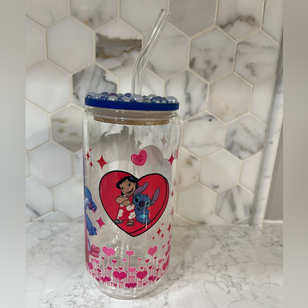 Lilo & Stitch Themed Glass Tumbler with Straw